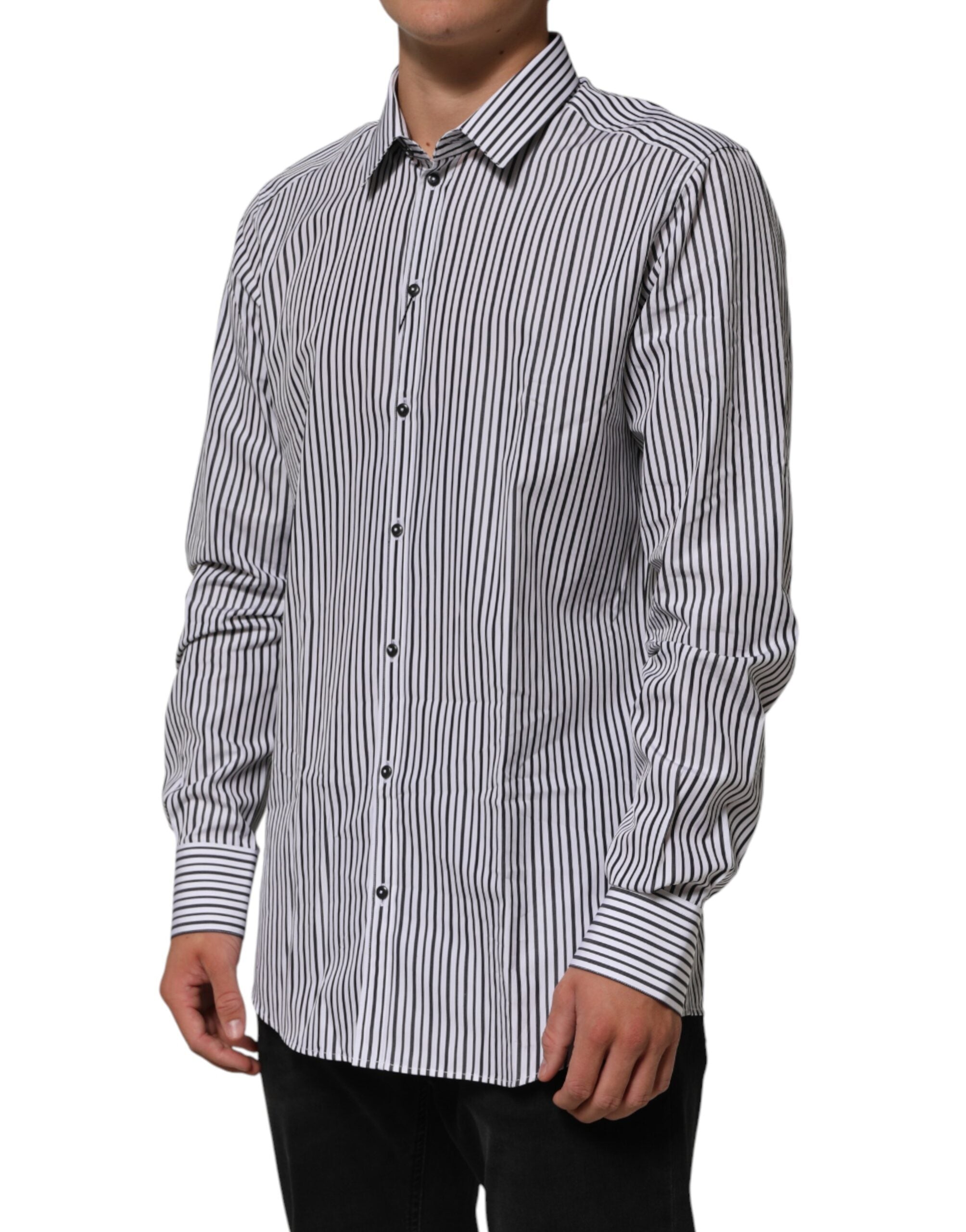 Camicia elegante da uomo a righe bianche e nere con dettagli dorati