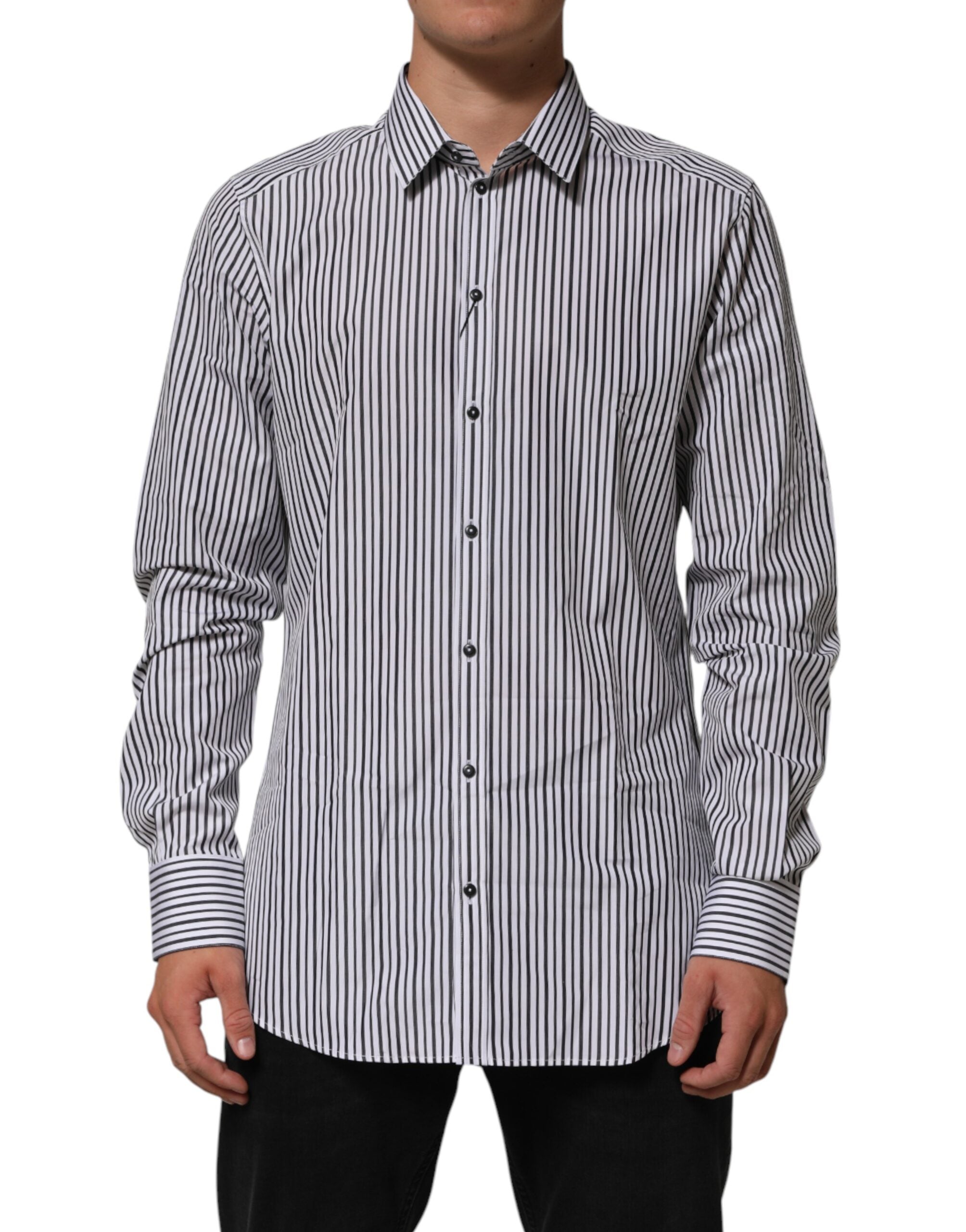 Camicia elegante da uomo a righe bianche e nere con dettagli dorati