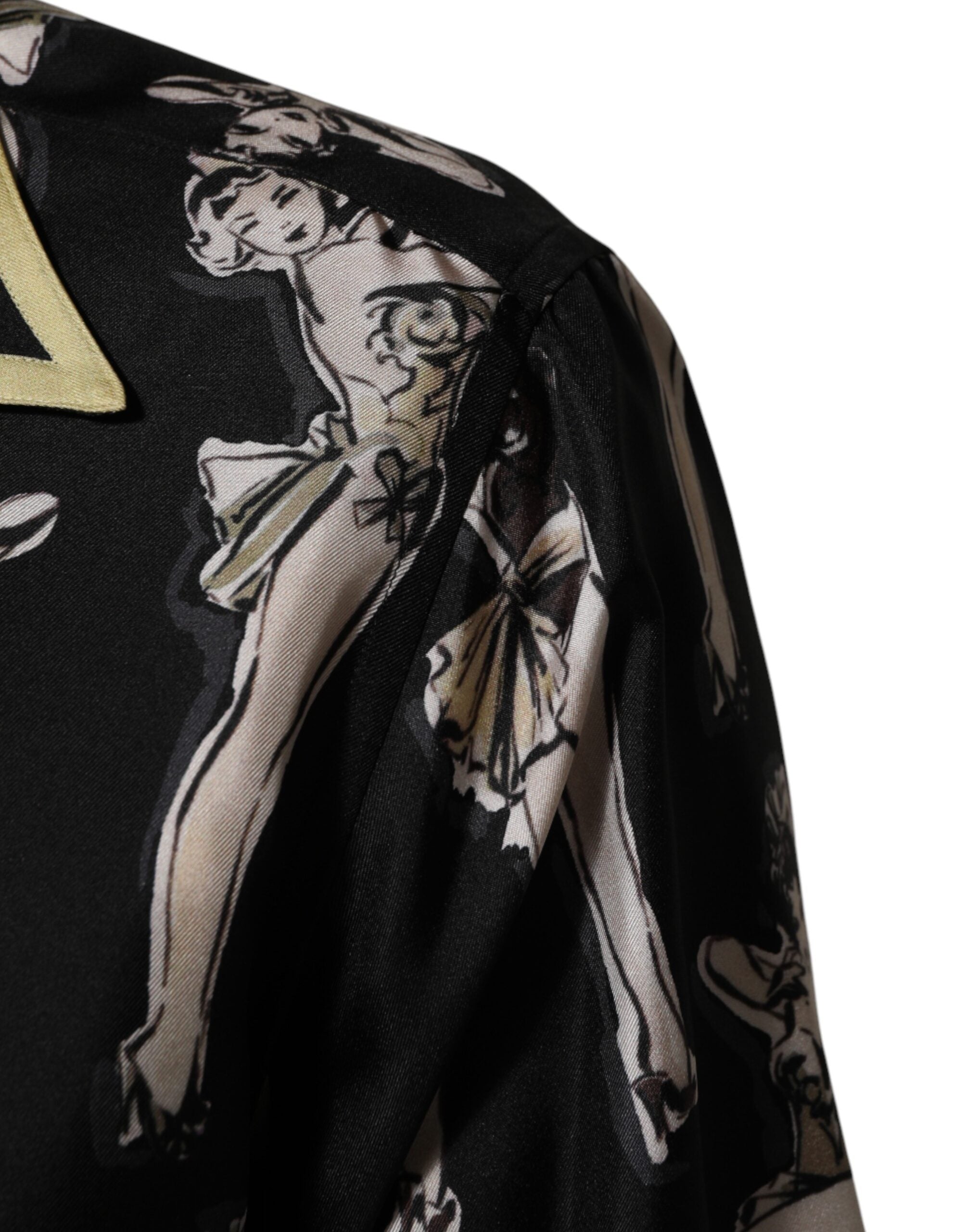 Black Silk Pin Up Printed Button Down Shirt