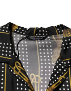 Schwarzes gepunktetes Seidenhemd mit Quasten und Knopfleiste