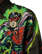 Green Superhero Print Button Down Shirt