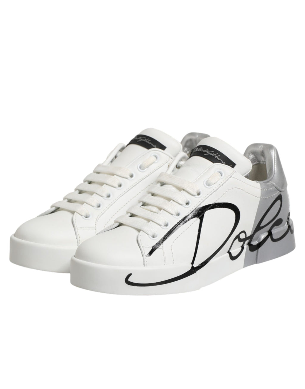 Weiße, graue Low-Top-Sneaker aus Leder