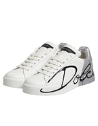 Weiße, graue Low-Top-Sneaker aus Leder
