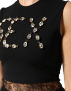 Black Jersey Lace Ruching Rhinestone Tank Top