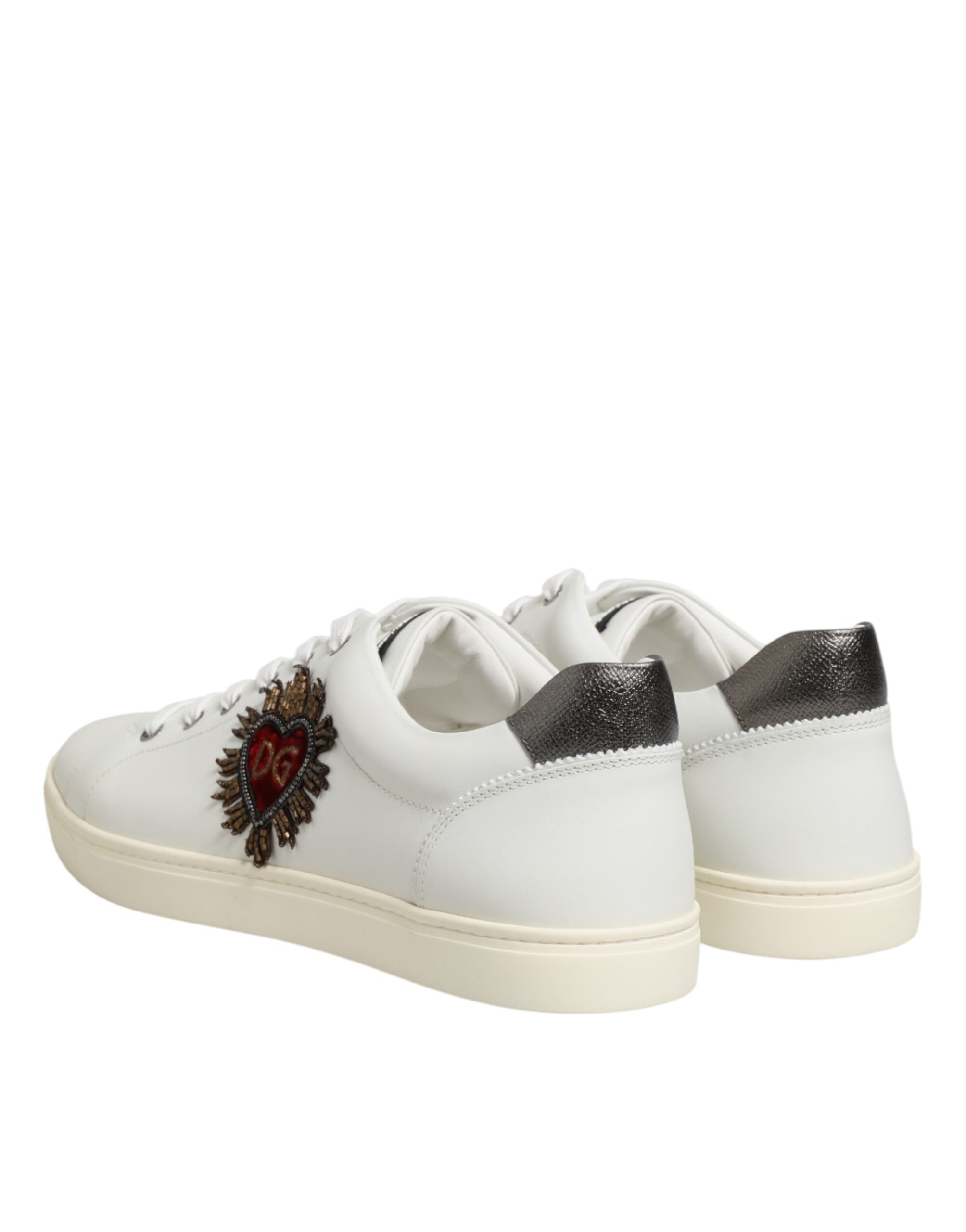 White Leather Heart Embellished Sneakers Shoes