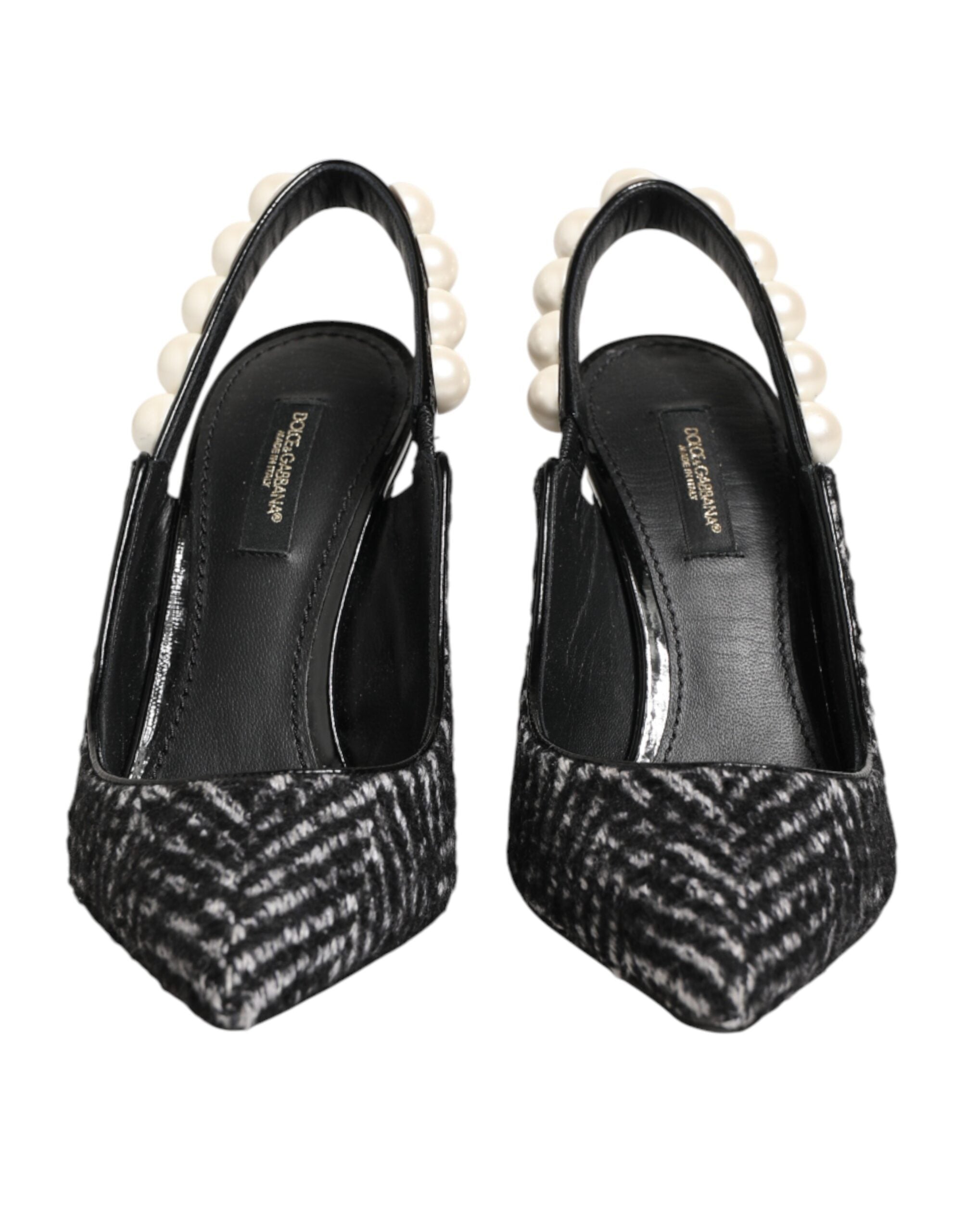 White Black Chevron Faux Pearl Slingback Shoes