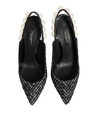 White Black Chevron Faux Pearl Slingbacks Schuhe
