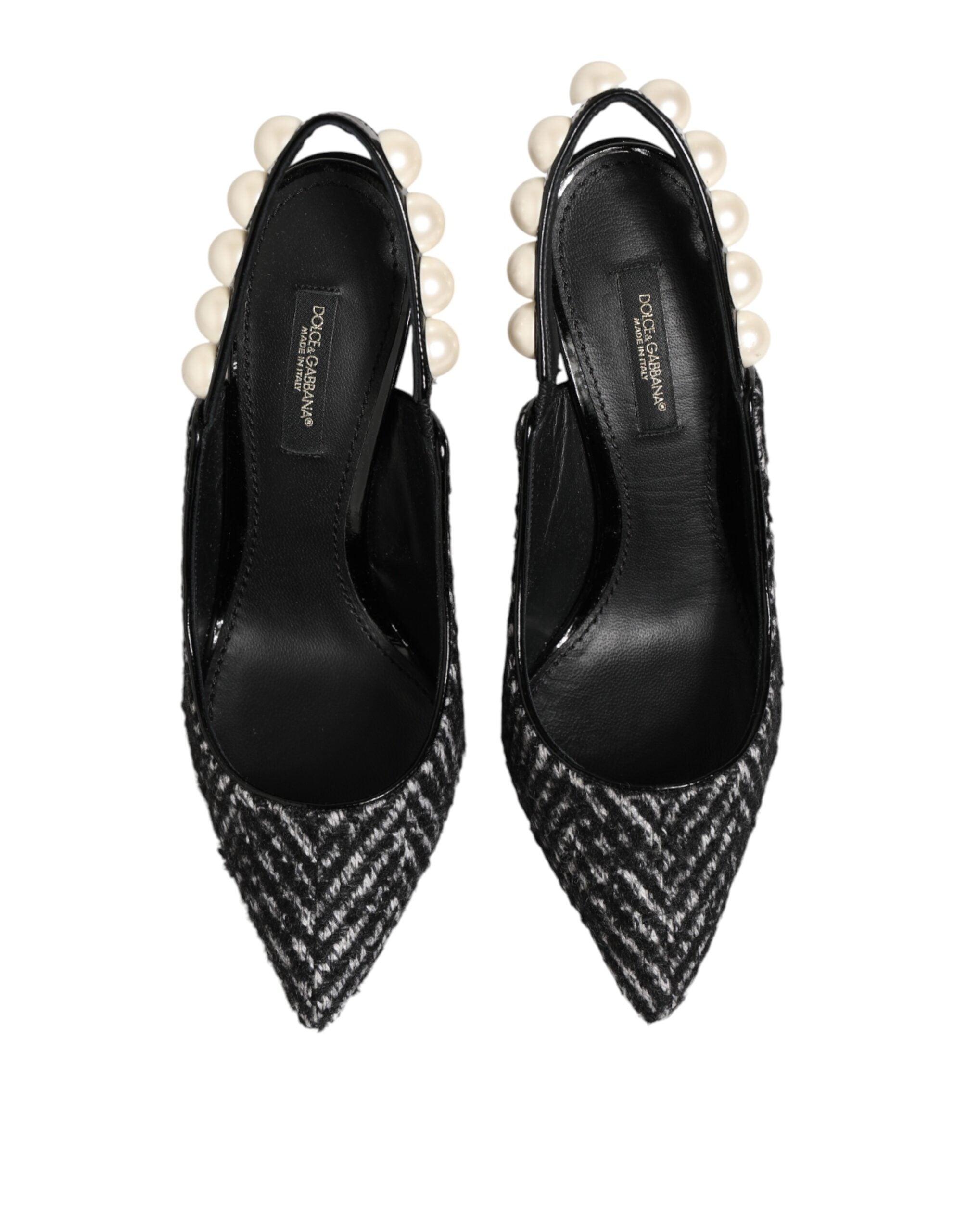 White Black Chevron Faux Pearl Slingback Shoes