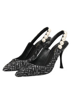 White Black Chevron Faux Pearl Slingbacks Schuhe