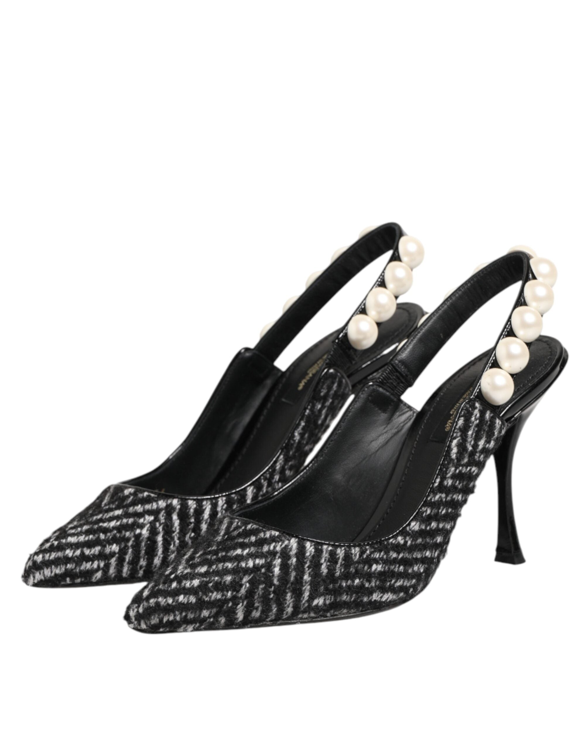 White Black Chevron Faux Pearl Slingback Shoes