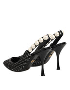 White Black Chevron Faux Pearl Slingbacks Schuhe