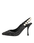 White Black Chevron Faux Pearl Slingbacks Schuhe