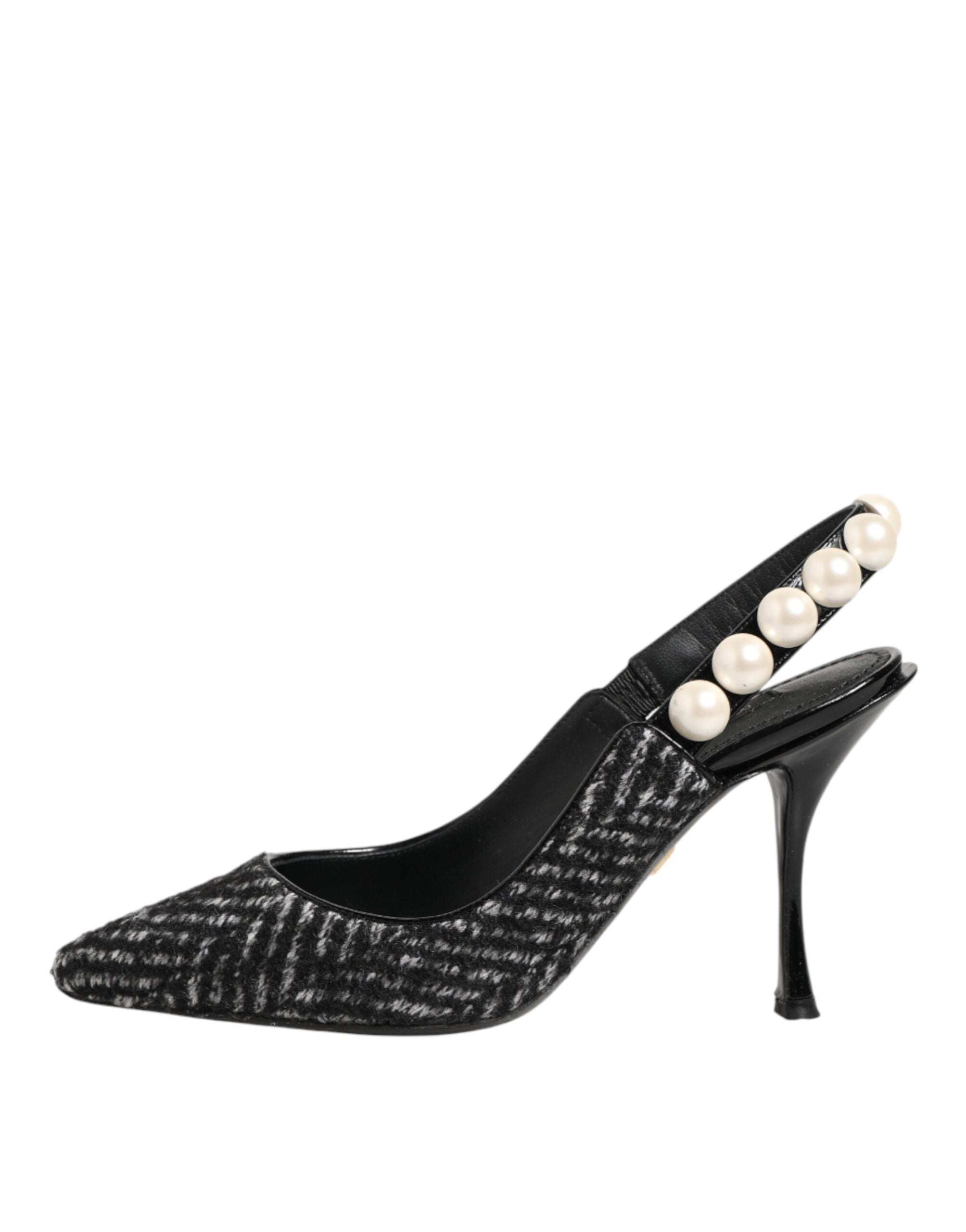 White Black Chevron Faux Pearl Slingback Shoes