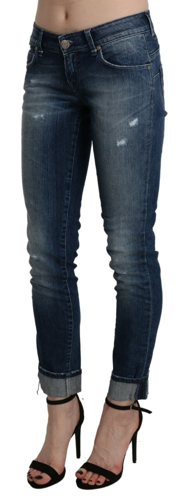 Cotton Blue Washed Low Waist Skinny Cropped Jeans
