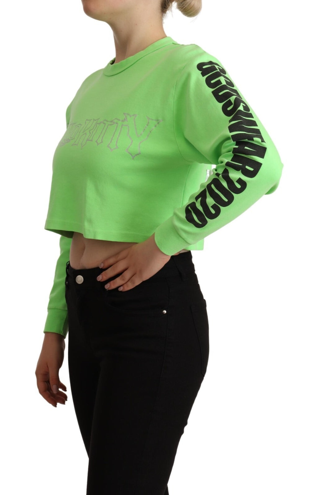 Mint Green Printed Long Sleeves Cropped Top Sweater
