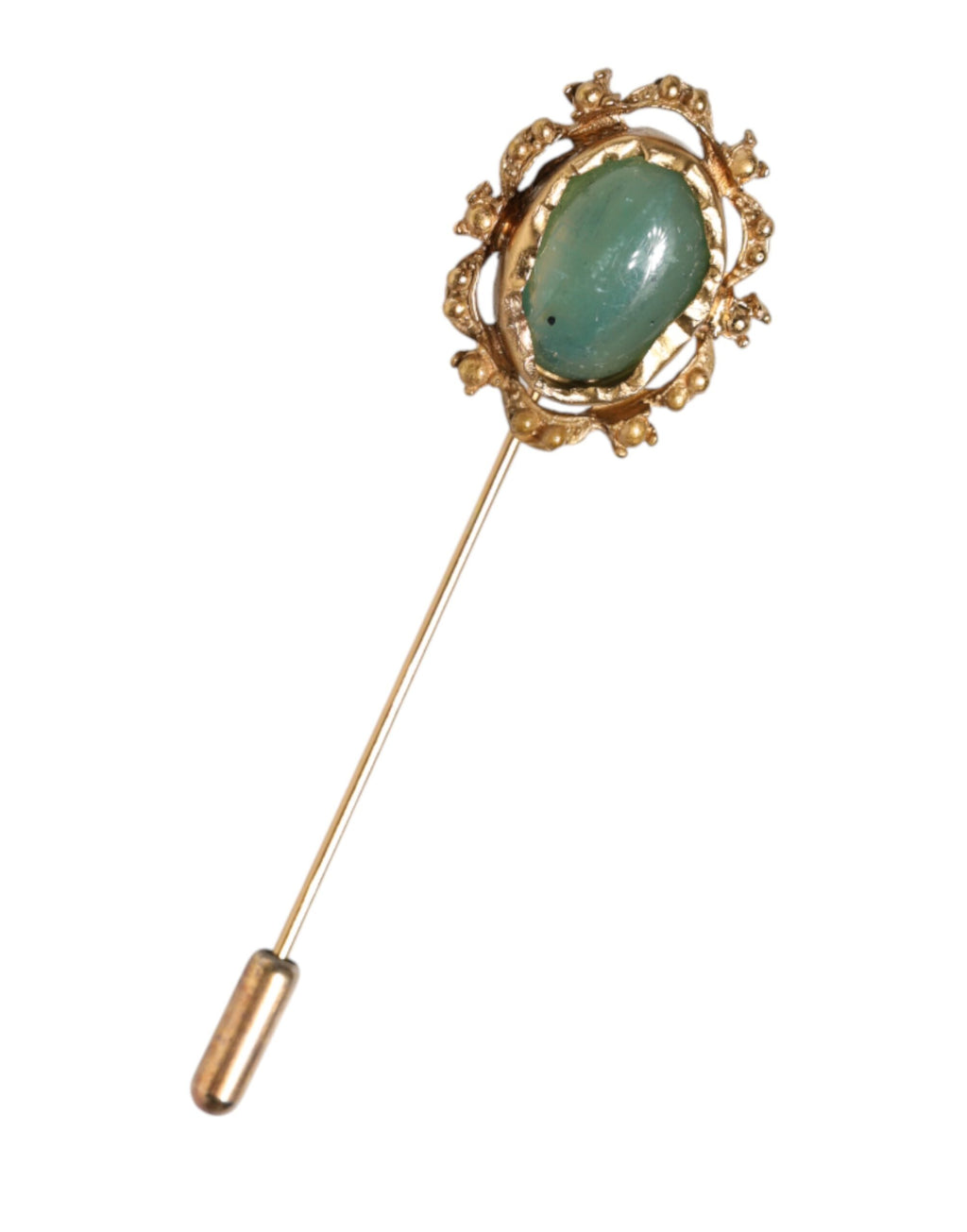 Goldfarbene Brosche mit grünem Stein, antikes Herren-Accessoire, Anstecknadel