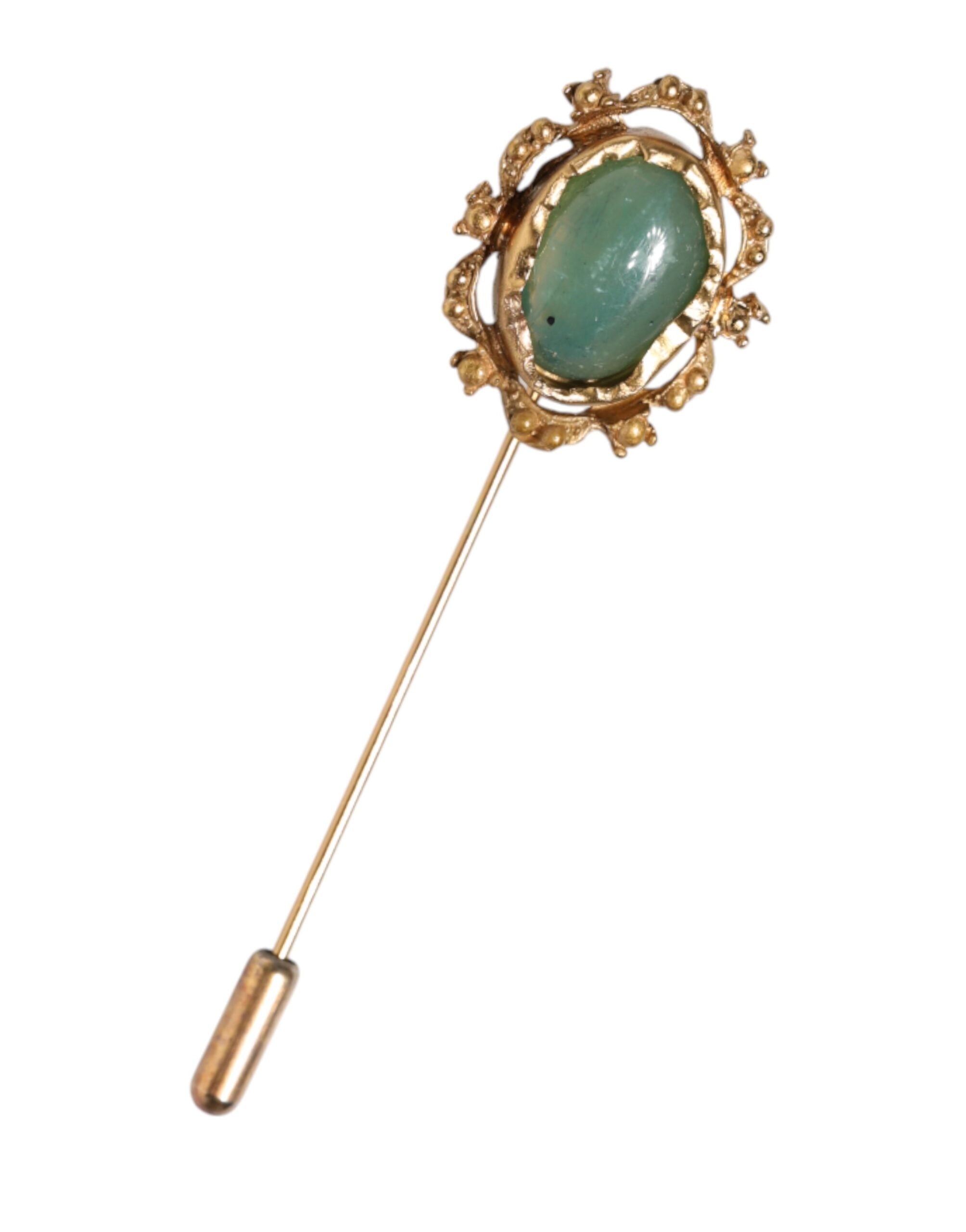 Goldfarbene Brosche mit grünem Stein, antikes Herren-Accessoire, Anstecknadel