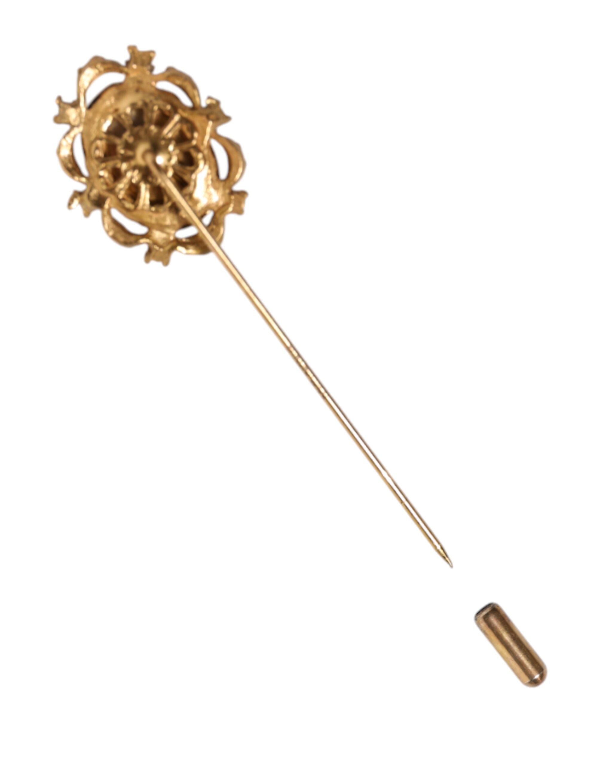 Goldfarbene Brosche mit grünem Stein, antikes Herren-Accessoire, Anstecknadel