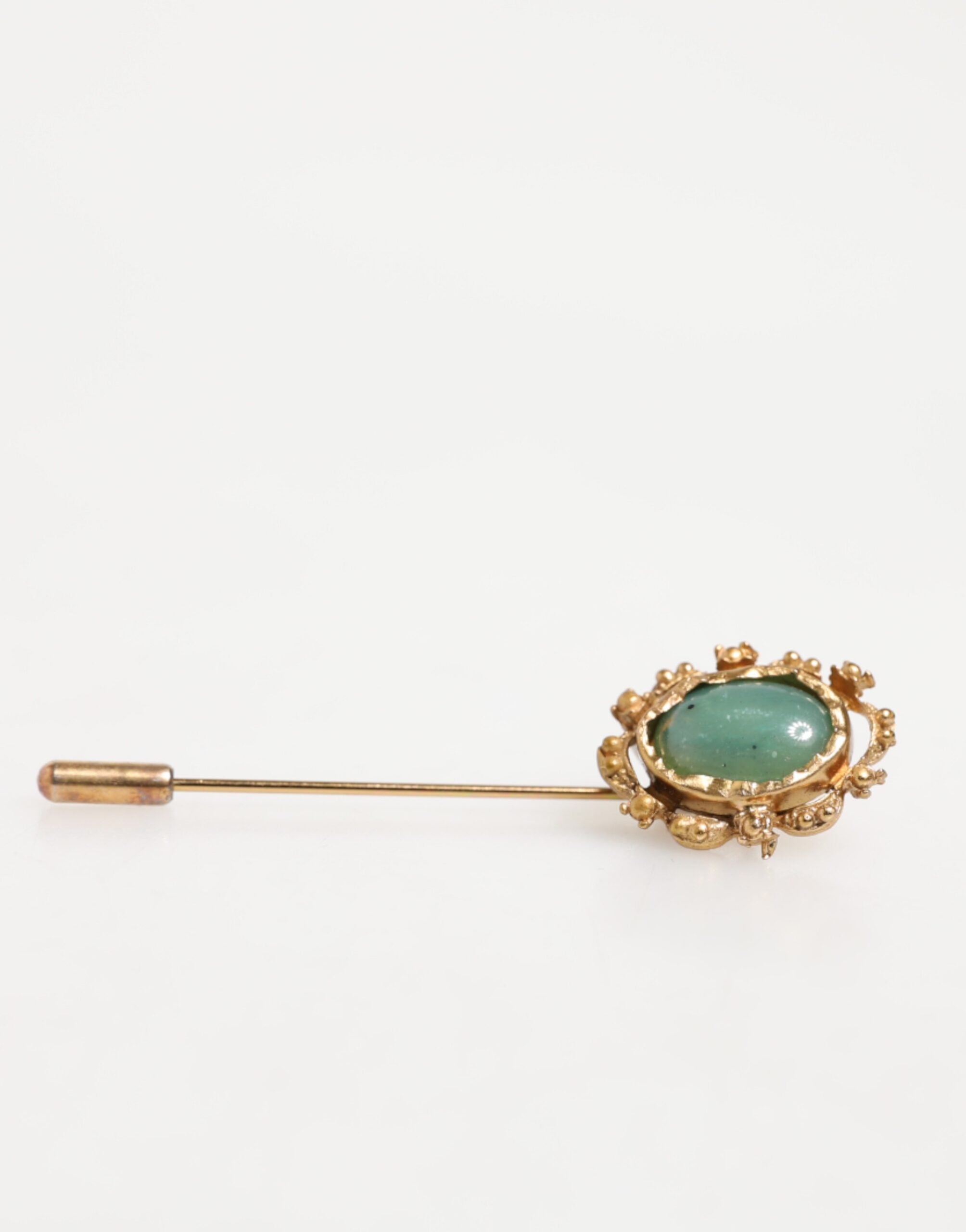 Goldfarbene Brosche mit grünem Stein, antikes Herren-Accessoire, Anstecknadel