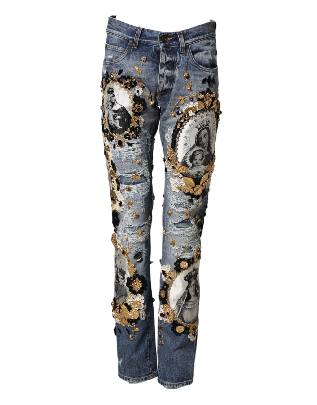 Blaue zerrissene verzierte Baumwoll-Denim-Jeans