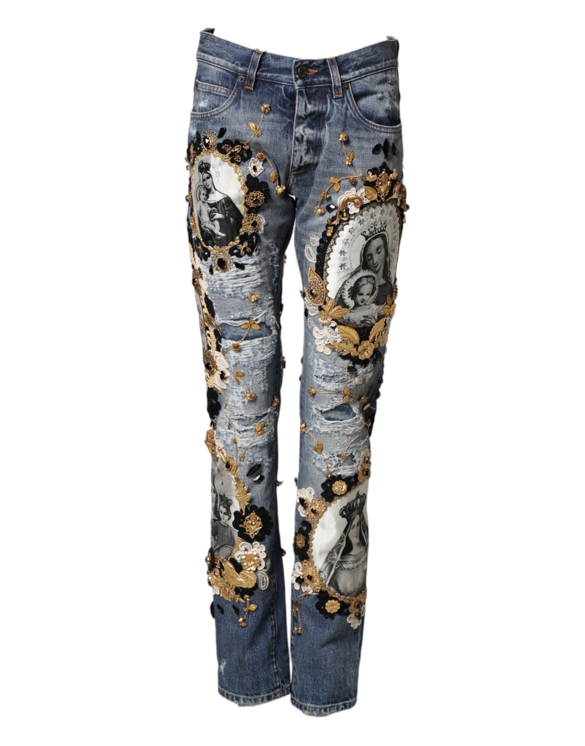 Blaue zerrissene verzierte Baumwoll-Denim-Jeans