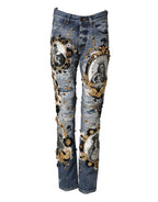 Blaue zerrissene verzierte Baumwoll-Denim-Jeans