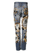 Blaue zerrissene verzierte Baumwoll-Denim-Jeans