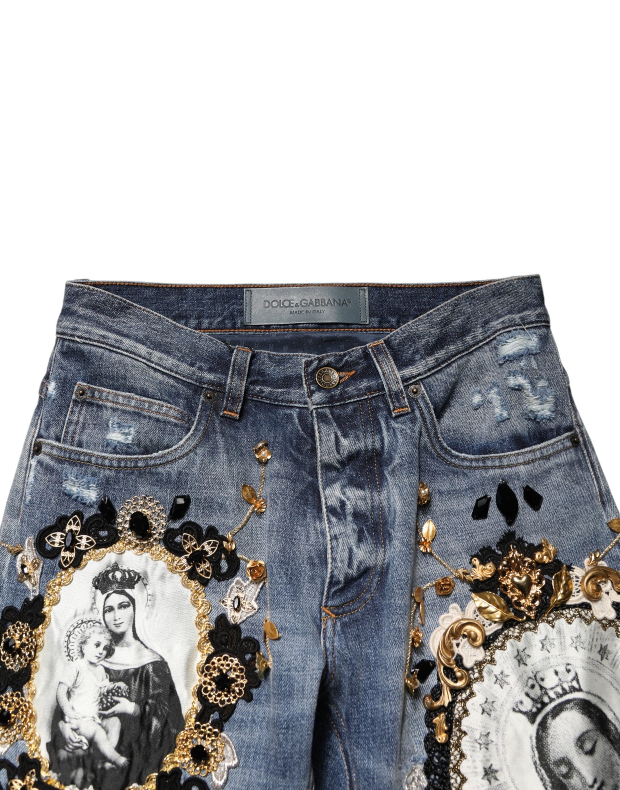 Blaue zerrissene verzierte Baumwoll-Denim-Jeans