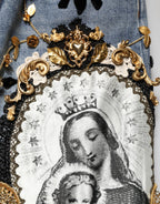 Blaue zerrissene verzierte Baumwoll-Denim-Jeans