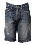 Blue Cotton Distressed Denim Bermuda Shorts