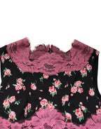 Black Pink Floral Lace Silk Sheath Dress