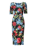 Schwarzes Midi-Bleistiftkleid aus Viskose mit Blumenmuster