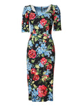 Schwarzes Midi-Bleistiftkleid aus Viskose mit Blumenmuster