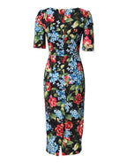 Schwarzes Midi-Bleistiftkleid aus Viskose mit Blumenmuster