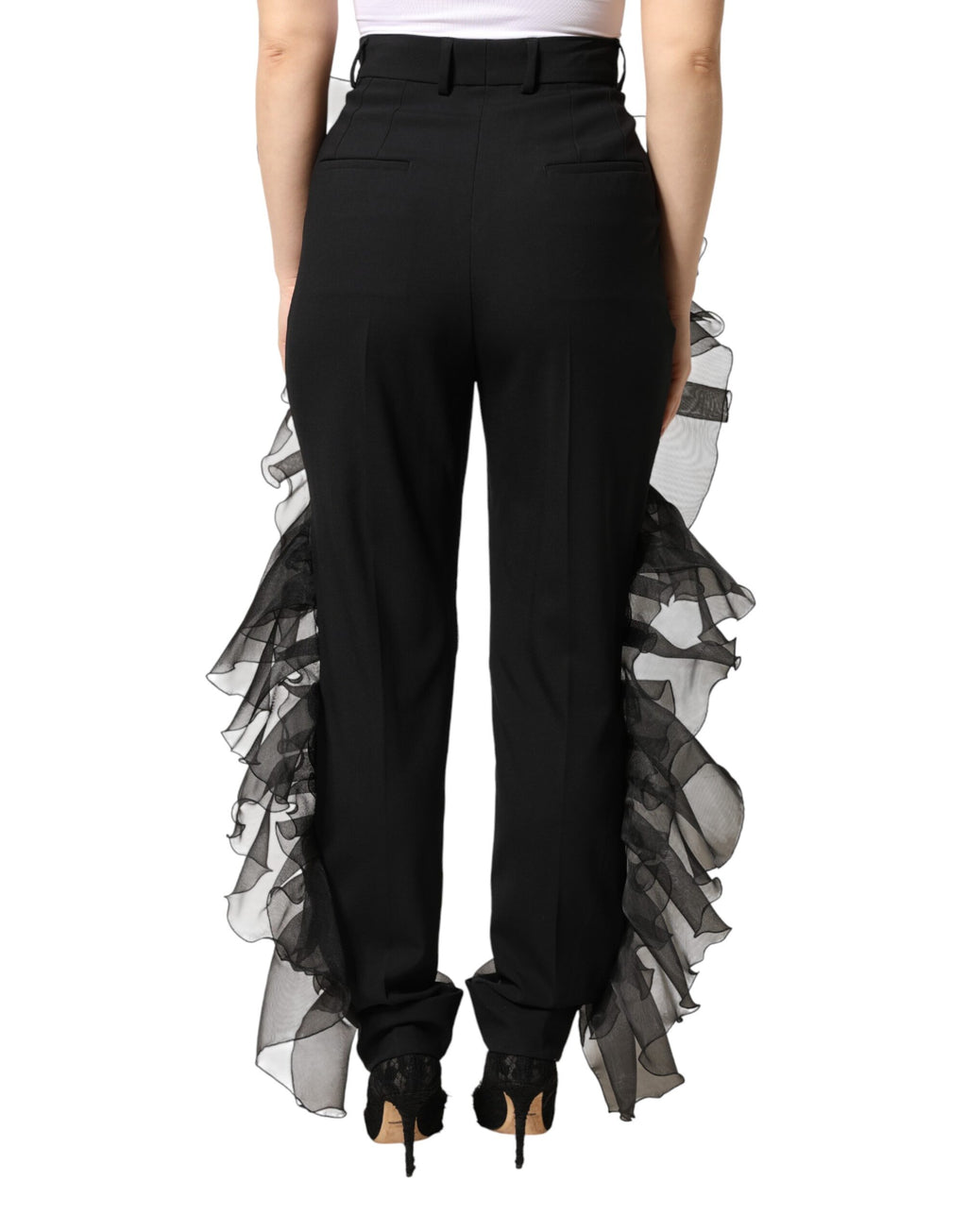 Schwarze Hose mit hoher Taille aus Tüllwolle