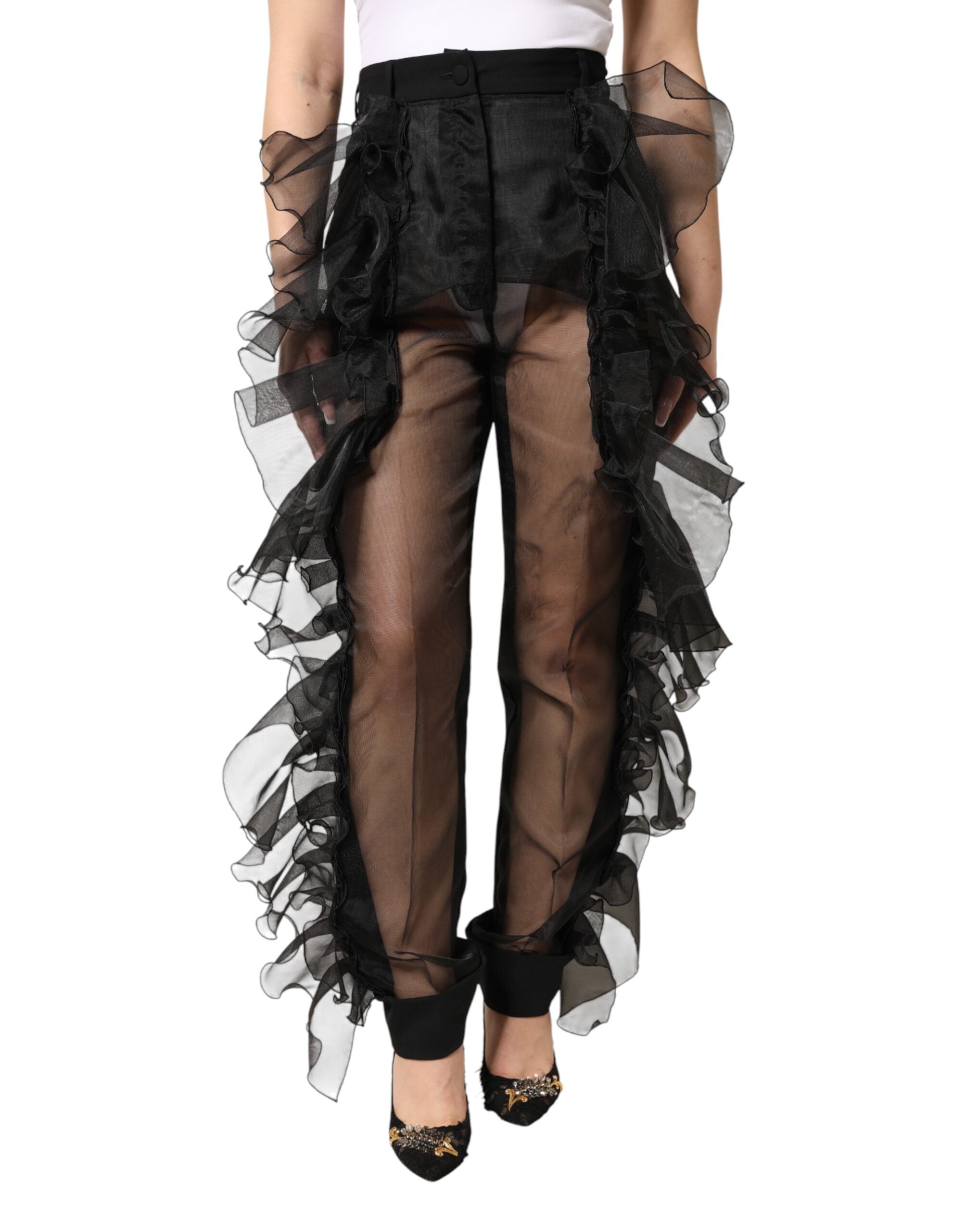 Schwarze Hose mit hoher Taille aus Tüllwolle