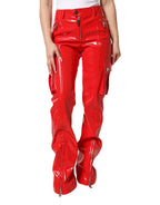 Rote glänzende Polyester-Cargohose mit weitem Bein