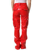 Rote glänzende Polyester-Cargohose mit weitem Bein