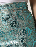Blue Floral Brocade High Waist Mini Skirt