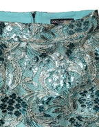 Blue Floral Brocade High Waist Mini Skirt