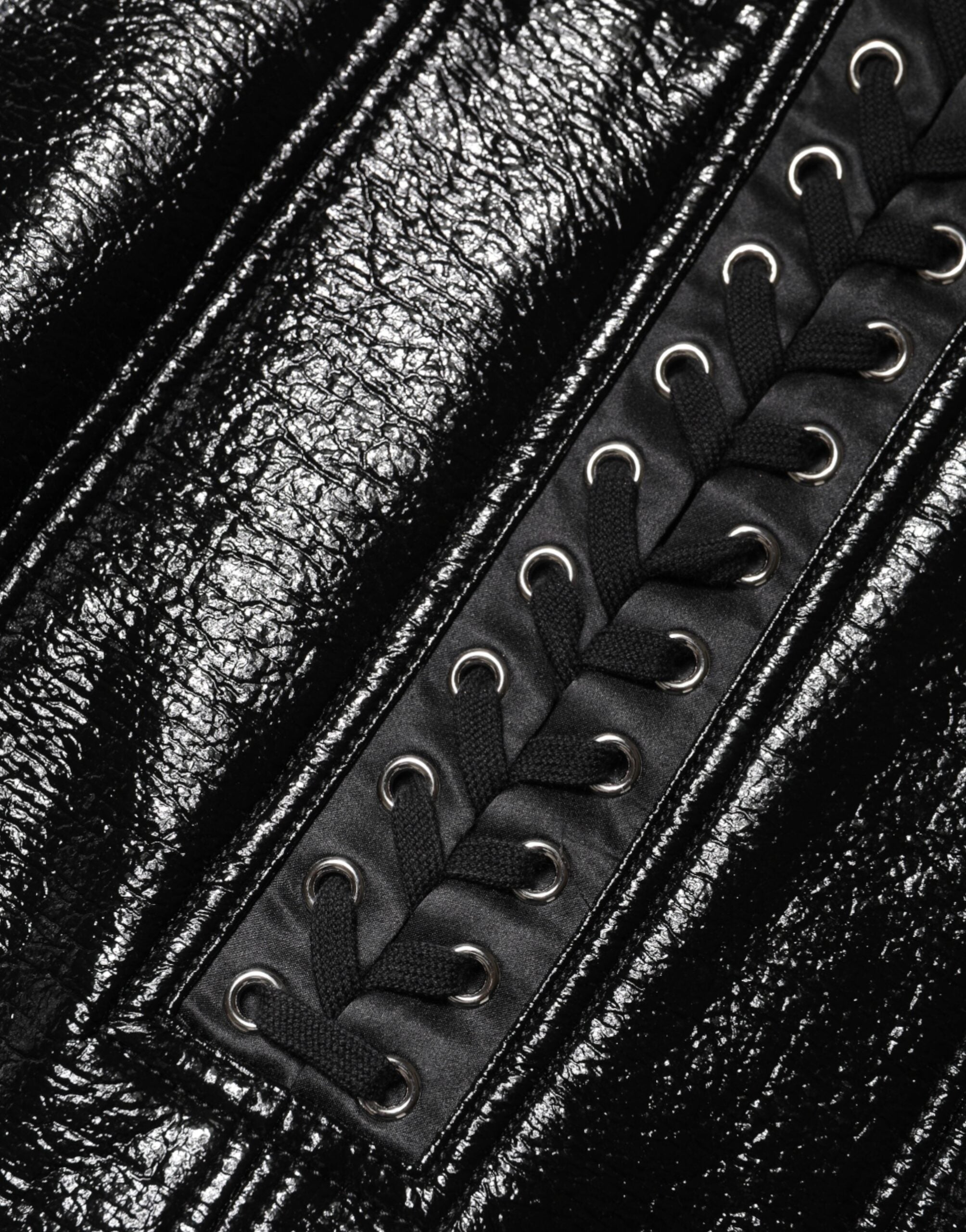 Black Nylon Eyelet Detail Coated Mini Skirt