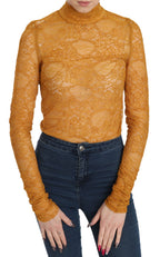 Mustard Turtle Neck Long Sleeve Lace Top Blouse