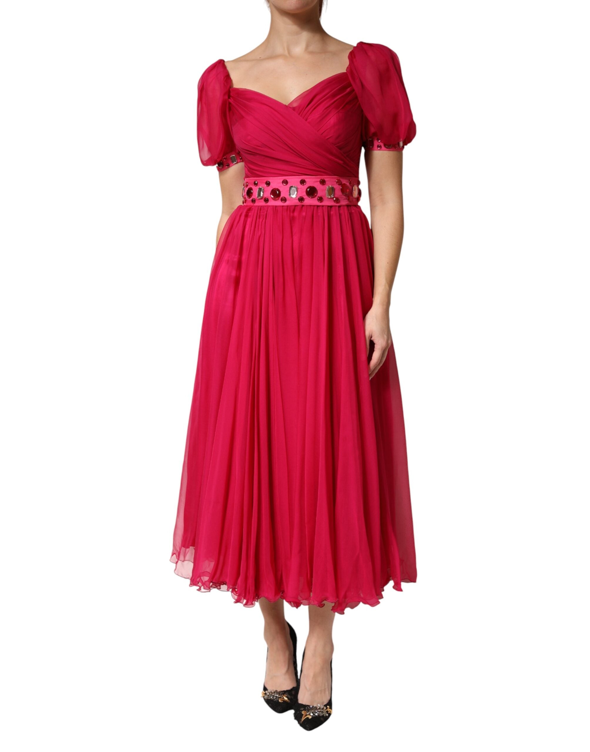 Rosa Seiden-Midi-A-Linien-Kleid mit Verzierungen