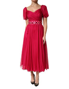 Rosa Seiden-Midi-A-Linien-Kleid mit Verzierungen