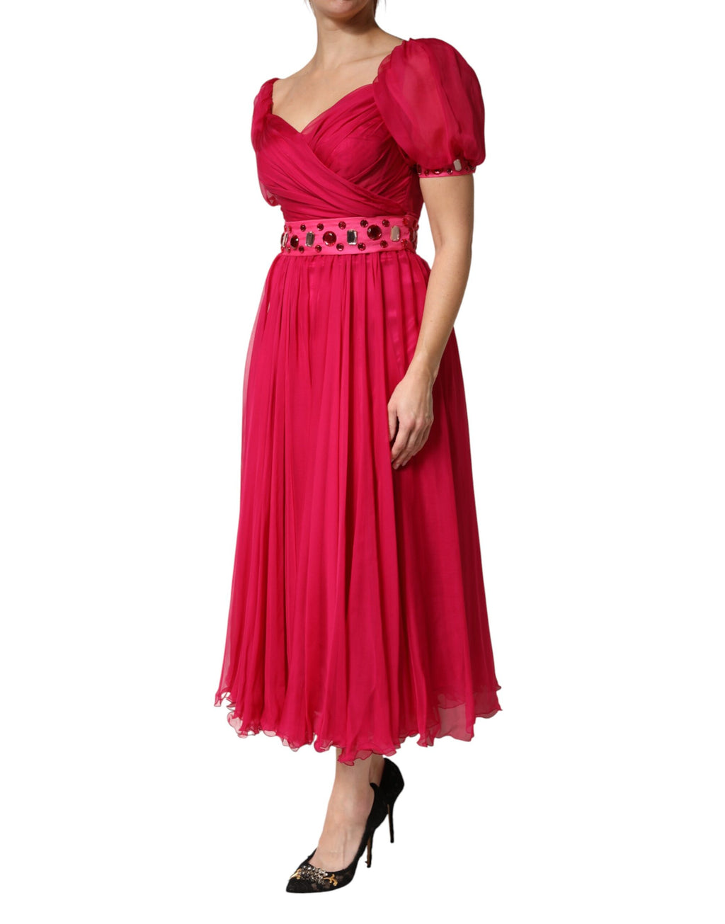 Rosa Seiden-Midi-A-Linien-Kleid mit Verzierungen