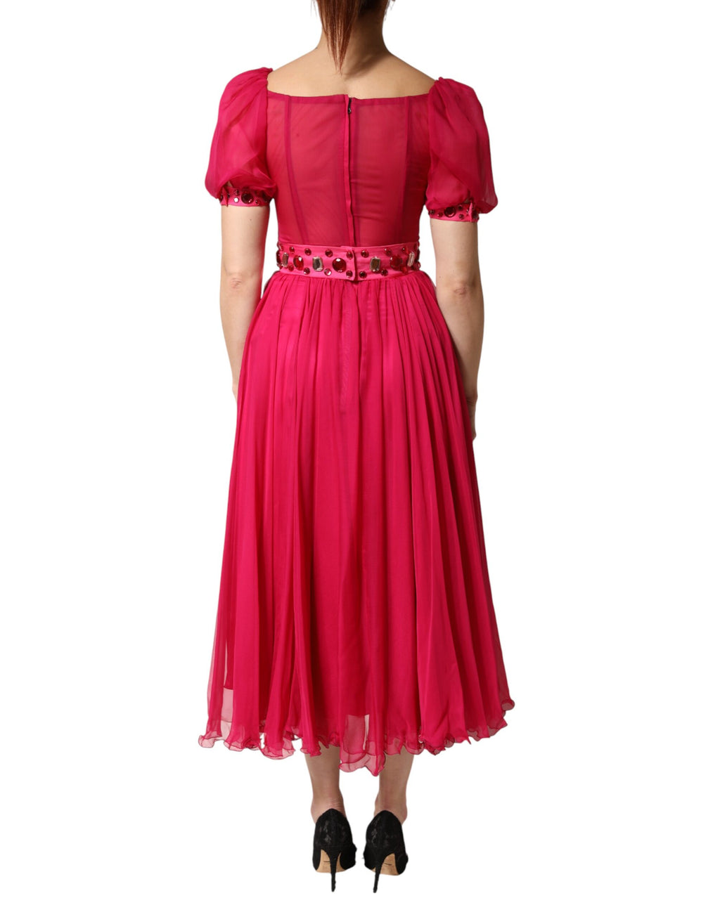 Rosa Seiden-Midi-A-Linien-Kleid mit Verzierungen
