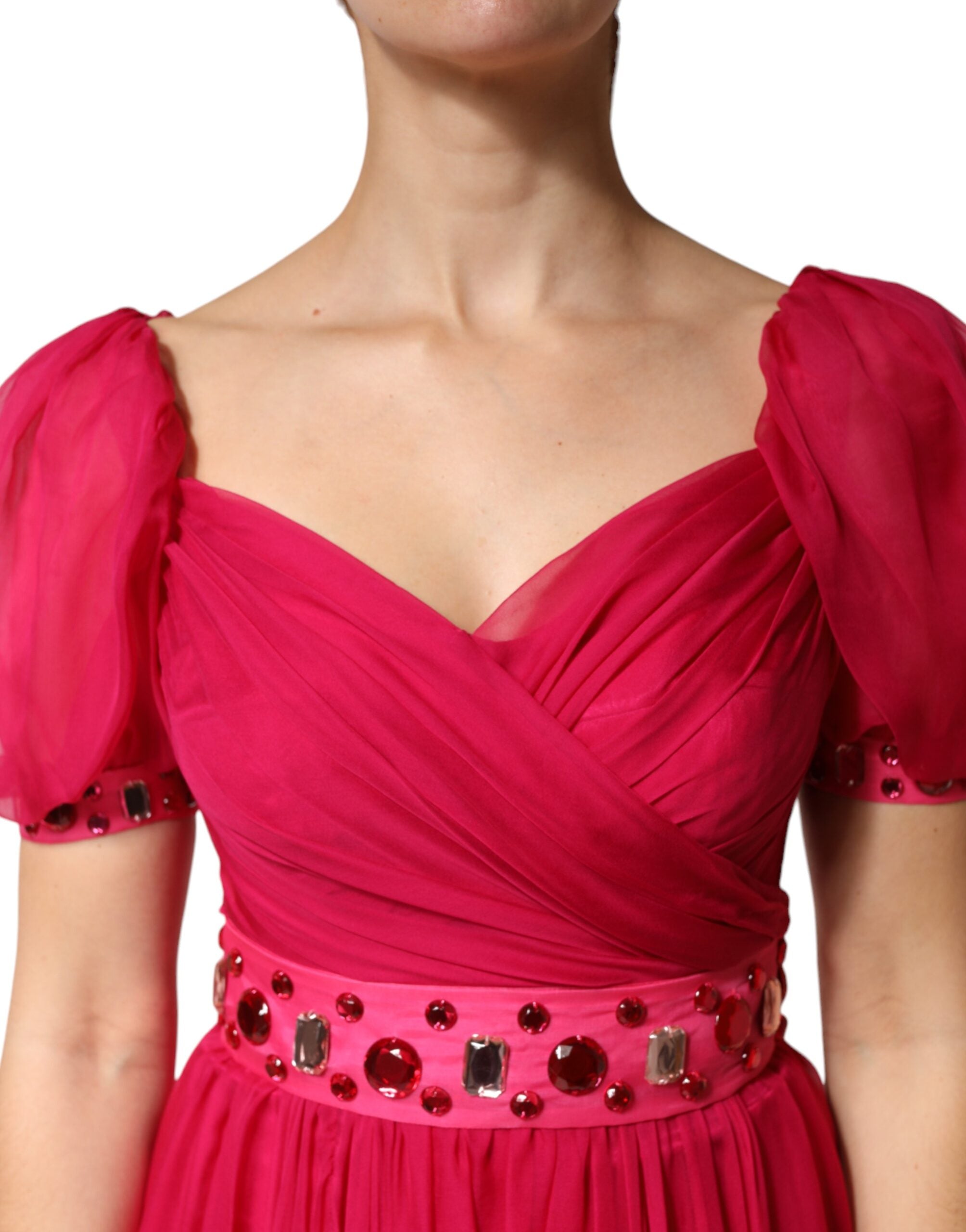 Rosa Seiden-Midi-A-Linien-Kleid mit Verzierungen