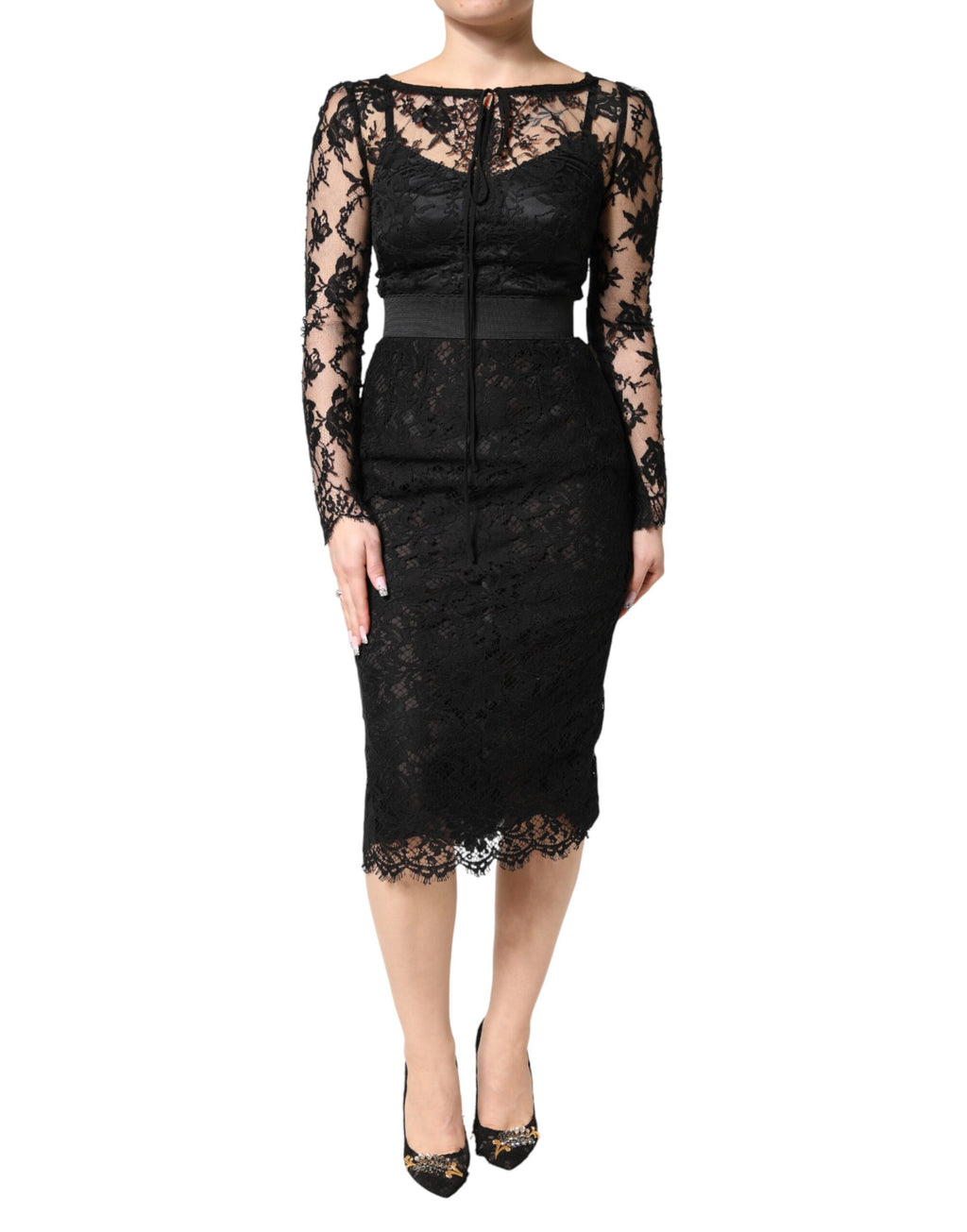 Schwarzes Midi-Bleistiftkleid aus Baumwolle mit Spitzeneinsätzen