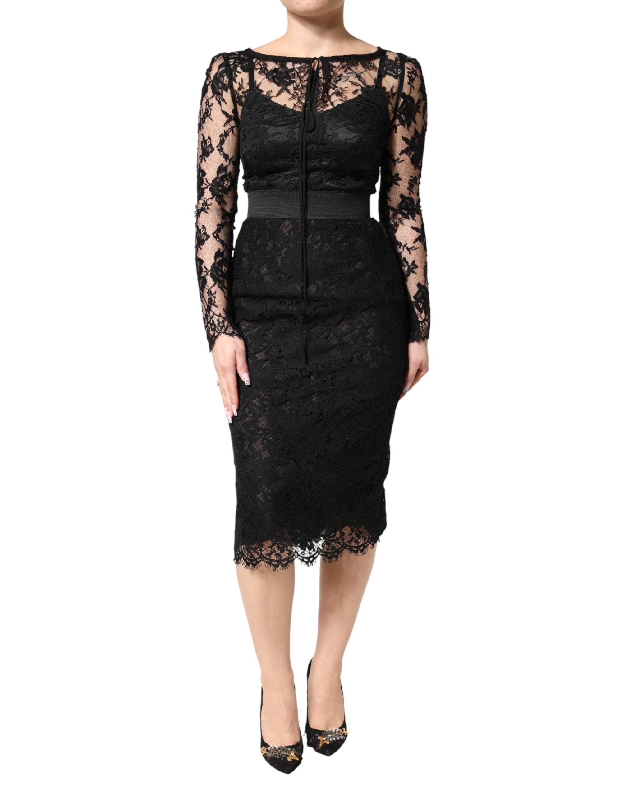 Schwarzes Midi-Bleistiftkleid aus Baumwolle mit Spitzeneinsätzen