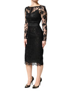 Schwarzes Midi-Bleistiftkleid aus Baumwolle mit Spitzeneinsätzen